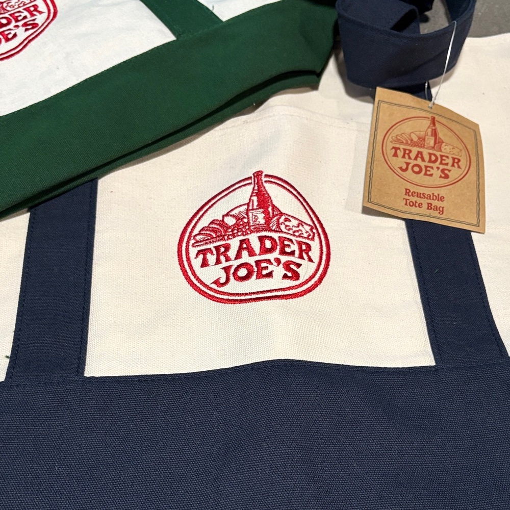 Trader Joe's set of 2 LARGE Tote Bags - Green and Navy (one of each) - Picture 3 of 4